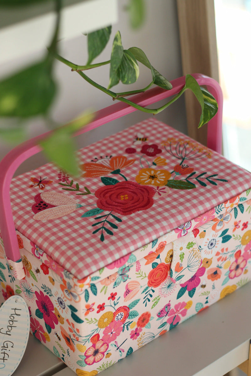 Grande boîte à couture carrée à motifs fleuris